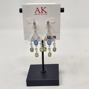 Anne Klein Blue Green Rhinestone Dangle Post Earrings Silver Tone Chandelier